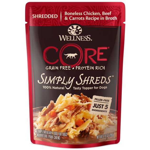 Wellness CORE Simply Shreds Grain-Free Chicken, Beef & Carrots Wet Dog Food Topper, 2.8-oz, case of 12