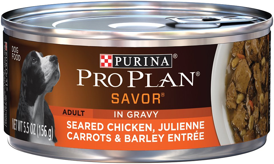 Purina Pro Plan Savor Adult Seared Chicken, Julienne Carrots & Barley Entree in Gravy Canned Dog Food, 5.5-oz, case of 24