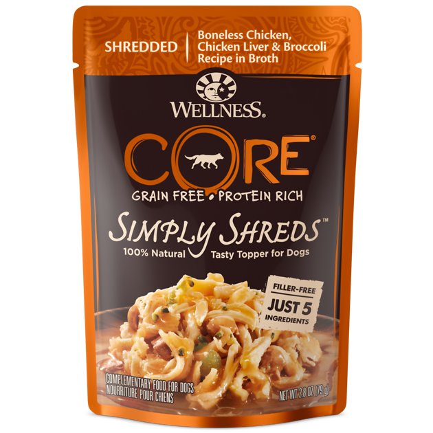 Wellness CORE Simply Shreds Grain-Free Chicken, Chicken Liver & Broccoli Wet Dog Food Topper, 2.8-oz, case of 12