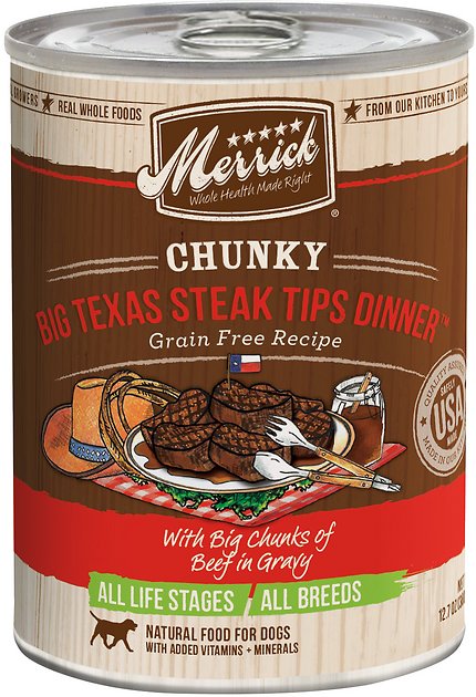 Merrick Chunky Grain-Free Big Texas Steak Tips Dinner Canned Dog Food, 12.7-oz, case of 12