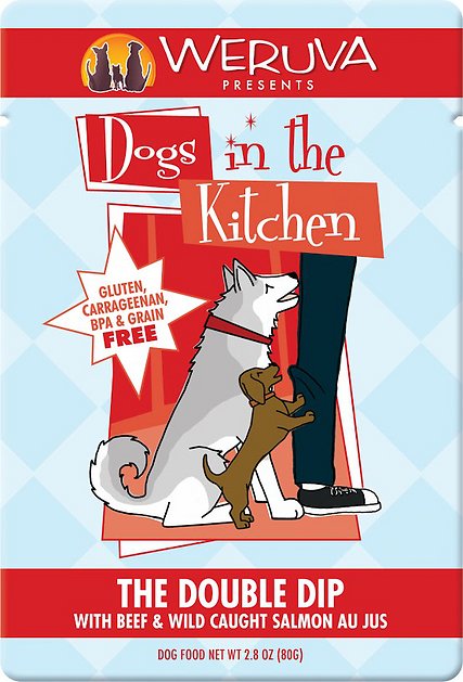 Weruva Dogs in the Kitchen The Double Dip with Beef & Wild Caught Salmon Au Jus Grain-Free Dog Food Pouches, 2.8-oz, case of 12