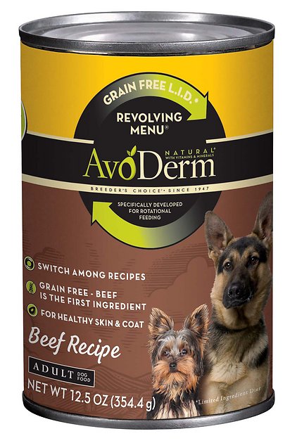 AvoDerm Natural Grain-Free Revolving Menu Beef Recipe Adult & Puppy Canned Dog Food, 12.5-oz, case of 12